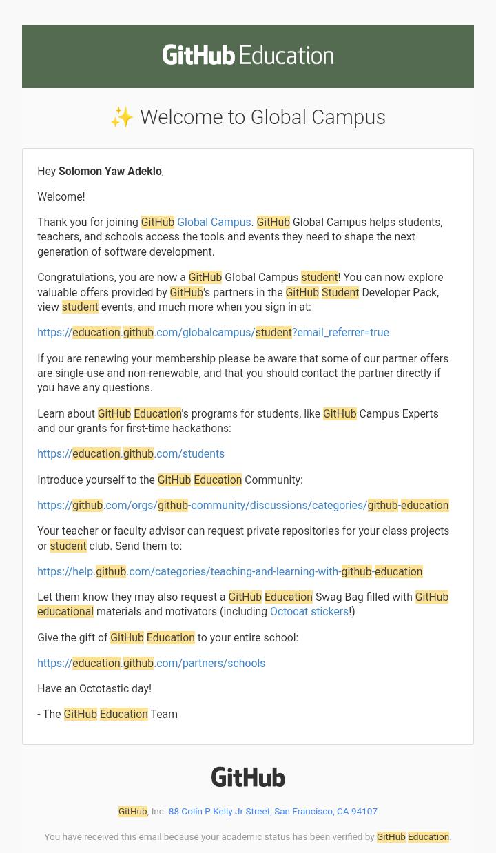 GitHub Global Campus Admission Email